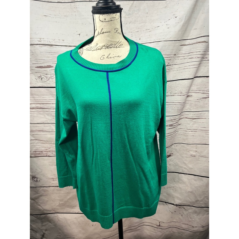 Isaac Mizrahi Live Womens Green Blue Stripe Crew Neck 3/4 Sleeve Sweater Medium